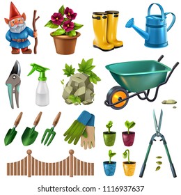 Country cottage garden accessories design elements set with hedge trimming shears flowers plants seedlings wheelbarrow vector illustration  