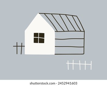 Country cottage house in kids doodle Scandinavian style. Cute black and white rural hut, little old cabin with fence. Childish drawing, cozy countryside dwelling, building. Flat vector illustration