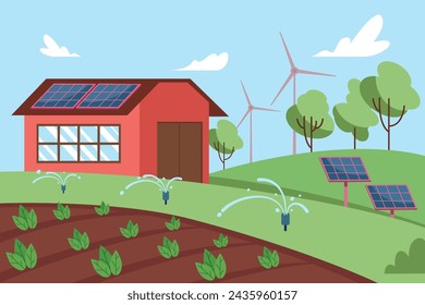 Country cottage with solar panels, wind turbines and irrigation system. Vector illustration. Modern technology and sustainable agriculture practices concept