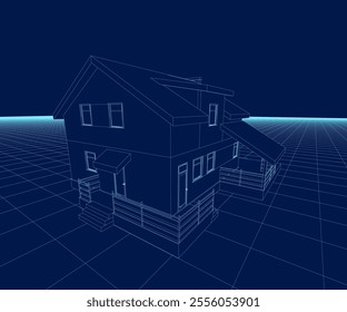 Country cottage style 3d. Vector illustration of house made of blue lines isolated on dark background.