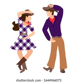 Country couple perform an incendiary dance. A young girl and a guy are dancing a western dance. Music concert, festival, live event, disco, web banner, retro design .Vector illustration isolated