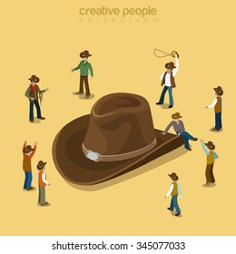 Country cowboy style flat 3d isometry isometric concept web vector illustration. Stylish male wearing high-crowned wide-brimmed felt straw stetson attire. Creative people collection.