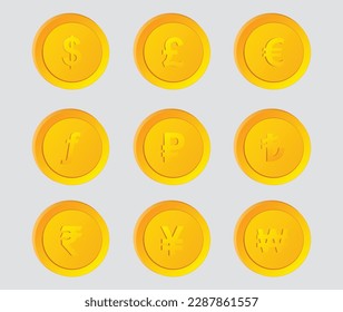 Country Currencies Vector Symbol in Gold Coin Dollar Euro Pound Yuan