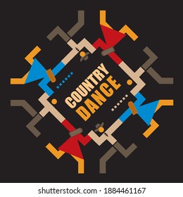 Country Dancing party, line dance, abstract decorative symbol.
Inscription COUNTRY DANCE in the middle of a dancing couples. Vector available.