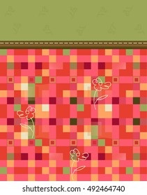 Country decoration in a cage with flowers. Stitched with thread pieces of cloth. Bright pink colors. Children's primitive style.