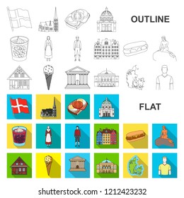 Country Denmark flat icons in set collection for design. Travel and attractions Denmark vector symbol stock web illustration.