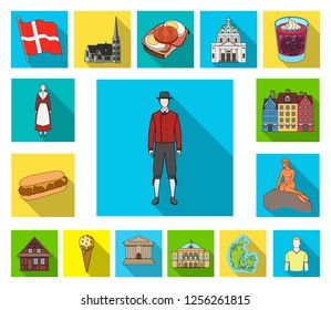 Country Denmark flat icons in set collection for design. Travel and attractions Denmark vector symbol stock web illustration.