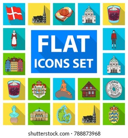 Country Denmark flat icons in set collection for design. Travel and attractions Denmark vector symbol stock web illustration.