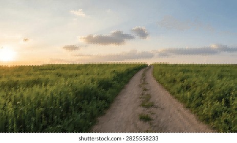 Country dirt road path winding through vast green grass field beneath stunning sunset sky landscape illustration peaceful journey outdoor adventure concept.