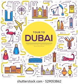 Country Dubai travel vacation guide of goods, place and feature. Set of architecture, fashion, people, item, nature background concept. Infographic traditional ethnic flat, outline, thin line icon 