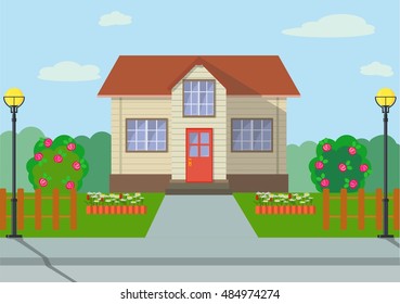 Country eco house with flower beds, rose bushes and lanterns in a flat style. Colorful cottage house with lights, lawns, flowers, blue sky and garden objects. Vector illustration.