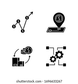 Country economics black glyph icons set on white space. Gross domestic product, outsorting and industry development. Tariffs and payments balance. Silhouette symbols. Vector isolated illustration