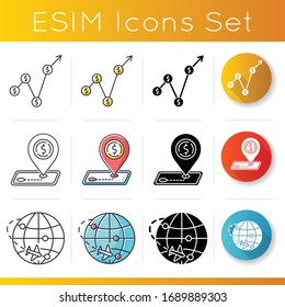 Country economics icons set. Gross domestic product and international trade. Tariffs, taxes, foreign trading regulation. Linear, black and RGB color styles. Isolated vector illustrations