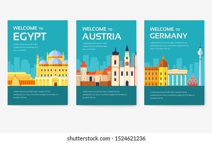 Country of Egypt, Austria, Germany, India, Russia, Thailand, Japan, Italy card set. Travel of the world of flyer, magazines, poster, book cover, banner. Layout infographic template illustration 