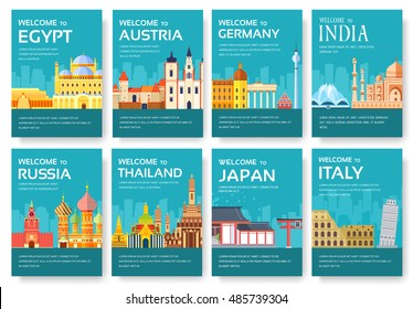 Country of Egypt, Austria, Germany, India, Russia, Thailand, Japan, Italy card set. Travel of the world of flyer, magazines, poster, book cover, banner. Layout  infographic template illustration page