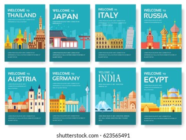 Country of Egypt, Austria, Germany, India, Russia, Thailand, Japan, Italy card set. Travel of the world of flyer, magazines, poster, book cover, banner. Layout infographic template illustration page