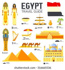 Country Egypt travel vacation guide of goods, places and features. Set of architecture, people, culture, icons background concept. Infographics template design for web and mobile. On flat style