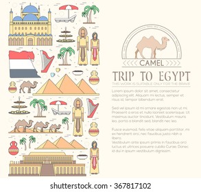 Country Egypt travel vacation guide of goods, places and features. Set of architecture, people, culture, icons background concept. Infographics template design for web and mobile. On thin lines style