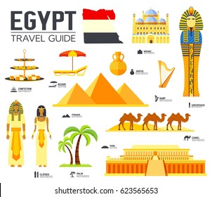 Country Egypt travel vacation guide of goods, places and features. Set of architecture, people, culture, icons background concept. Infographics template design for web and mobile. On flat style