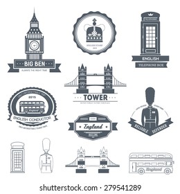 Country England label template of emblem element for your product or design, web and mobile applications with text. Vector illustration with thin lines isolated icons on stamp symbol. 