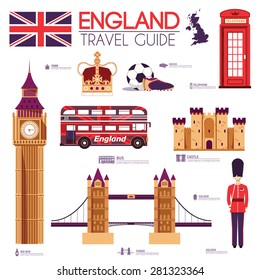 Country England travel vacation guide of goods, places and features. Set of architecture, people, sport, items, icons background concept. Infographics template design for web and mobile. On flat style