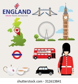 Country England travel vacation guide of goods, places and features. Set of Infographic Element / icon / Symbol , Vector Design