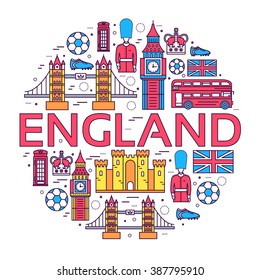 Country England travel vacation guide of goods, places in thin lines style design. Set of architecture, people, sport, icons background concept. Infographics template for web and mobile on vector flat