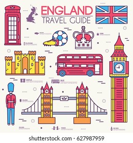 Country England travel vacation guide of goods, place and feature. Set of architecture, fashion, people, item, nature background concept. Infographic traditional ethnic flat, outline, thin line icon