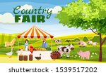 Country Fair Farmer Family Sells Harvest Products Grocery On Eco Farm Organic. Farm animals goose, turkey, duck, cow. House and farm buildings. Vector isolated carton style poster banner
