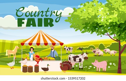 Country Fair Farmer Family Sells Harvest Products Grocery On Eco Farm Organic. Farm Animals Goose, Turkey, Duck, Cow. House And Farm Buildings. Vector Isolated Carton Style Poster Banner