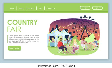 Country Fair Landing Page Vector Template. Night Summer Funfair Website Interface With Flat Illustrations. Street Market, Festival Attractions. Fast Food Stalls Web Banner, Webpage Cartoon Concept