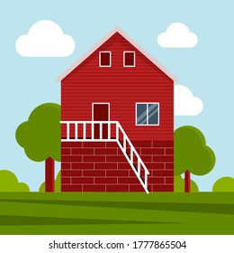 Country farm house on a green meadow, agricultural construction. Flat vector illustration on a background of blue sky with clouds