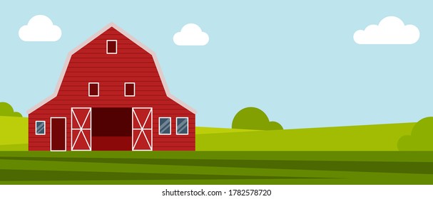 Country farm house on a green meadow, agricultural construction. Flat vector illustration on a background of blue sky with clouds.Cartoon rural landscape panorama field.Banner for website