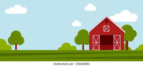 Country farm house on a green meadow, agricultural construction. Flat vector illustration on a background of blue sky with clouds.Cartoon rural landscape panorama field.Banner for website