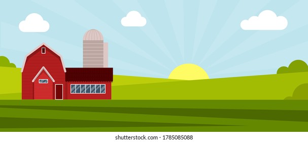 Country farm house on a green meadow, agricultural construction. Flat vector illustration on a background of blue sky with clouds.Cartoon rural landscape panorama field.Banner for website