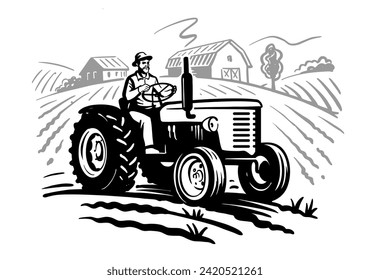 Country farm with tractor. Countryside sketch