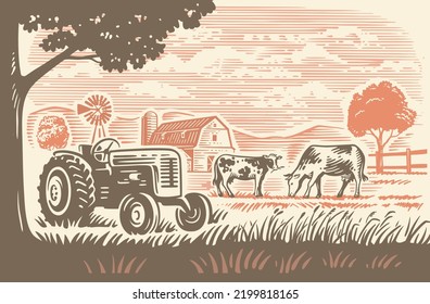 Granja de campo con tractor y vacas. Esbozo de línea de campo