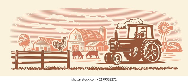 Country farm with tractor and rooster. Countryside line sketch