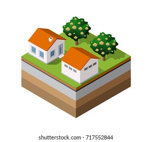 Country farm trees natural forest in isometric landscape projection