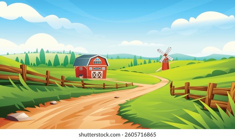 Country farm with wooden fence, red barn, windmill, and dirt road under sunny sky. Vector cartoon landscape illustration