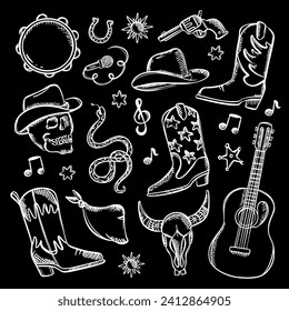 COUNTRY FEST Monochrome Western Music Symbols Vector Set Musical Set Of Bright Clip Art Cowboy Boots And Hat Colt Guitar Tambourine And Bull's Skull Vector