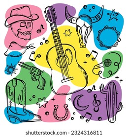 COUNTRY FEST SYMBOLISM American Western Holiday Monochrome Doodle Cowboy And Music Attributes With Bright Colorful Spots Vector Illustration Collection