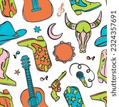 COUNTRY FEST SYMBOLS Various Attributes Of American Cowboy Western Music Festival Colorful Seamless Pattern Vector Illustration Collection For Print