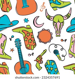 COUNTRY FEST SYMBOLS Various Attributes Of American Cowboy Western Music Festival Colorful Seamless Pattern Vector Illustration Collection For Print