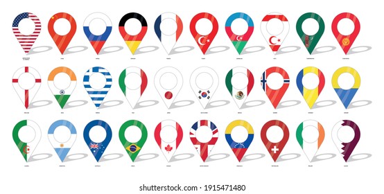 Country flag location sign. 30 flags. United States of America, Chine, Russia, Germany, Turkey, England, India, Greece, Italy and more countries flag icons. Flags of countries with check-ins.
