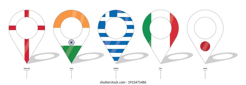 Country flag location sign. England, India, Greece, Italy and Japan flag icons. Flags of countries with check-ins. Vector icon of simple forms of point of location.