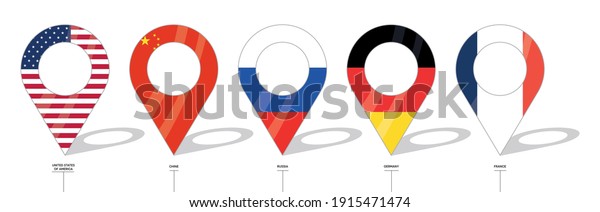 Country\
flag location sign. United States of America, Chine, Russia,\
Germany and France flag icons. Flags of countries with check-ins.\
Vector icon of simple forms of point of\
location.