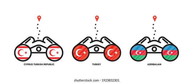 Country flags location icons. Viewing country locations with binoculars, location icons for travel. Flags of Cyprus Turkish Republic, Turkey, Azerbaijan. Editable stroke.