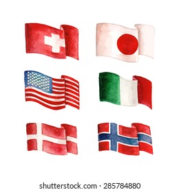 Country flags set: Switzerland, Japan, USA, Italy, Denmark and Norway. Hand drawn vector illustration. 