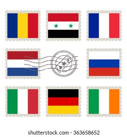 Country flags stamp set: Romania, Syria, France, Netherlands, Russia, Italy, Germany, Ireland